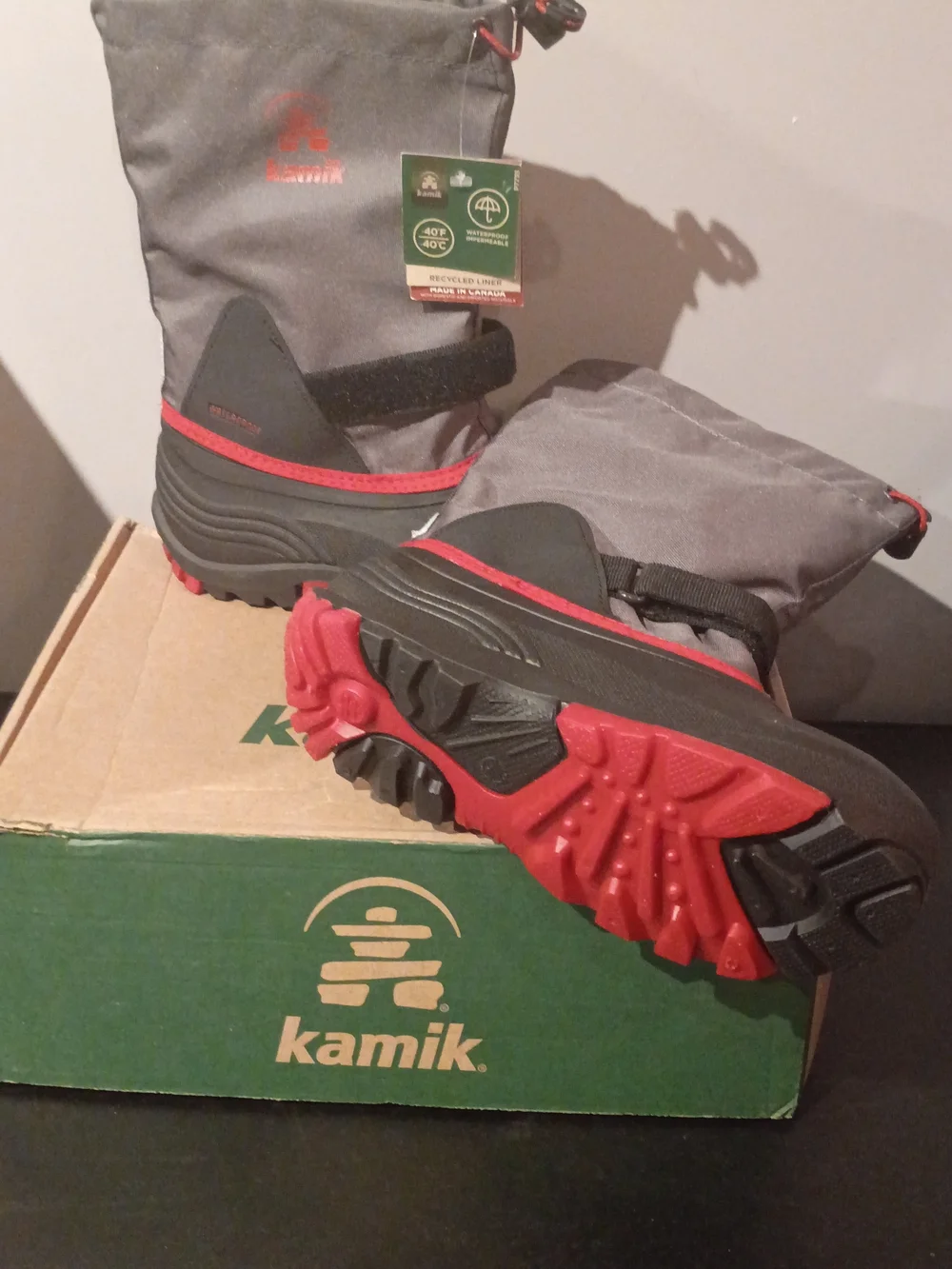 Kamik Waterproof Kids Winter Boot in Gray & Red